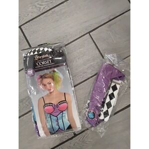 Storybook Mad Hatter Corset Costume Adult S M Purple Black Pink Harlequin